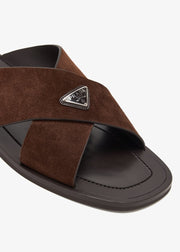 Prada suede crisscross slides dark brown